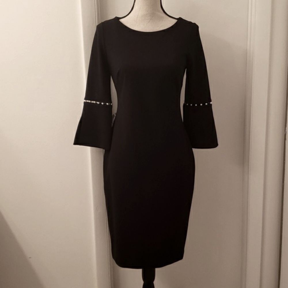 EUC, Calvin klein black pearl sleeve sheath dress.